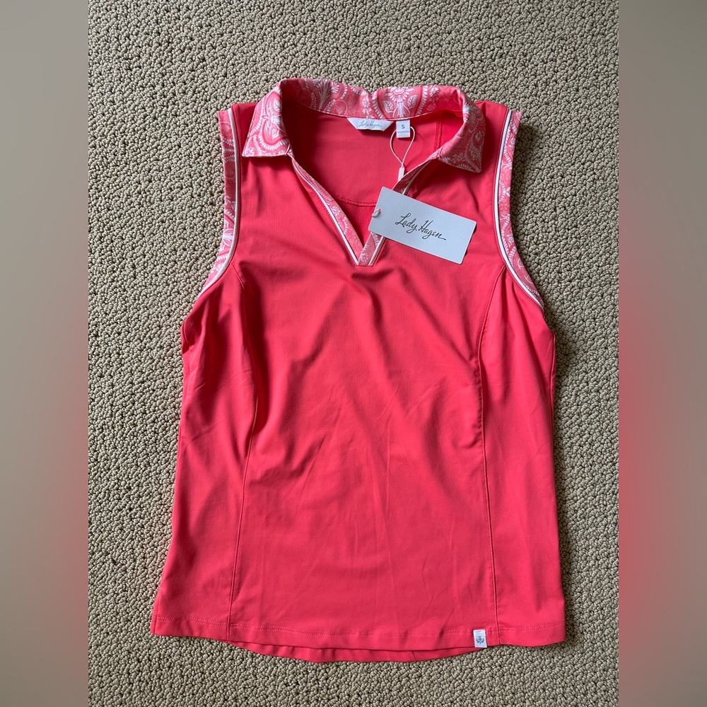 NWT Lady Hagen Coral and Paisley Sleeveless Golf Polo